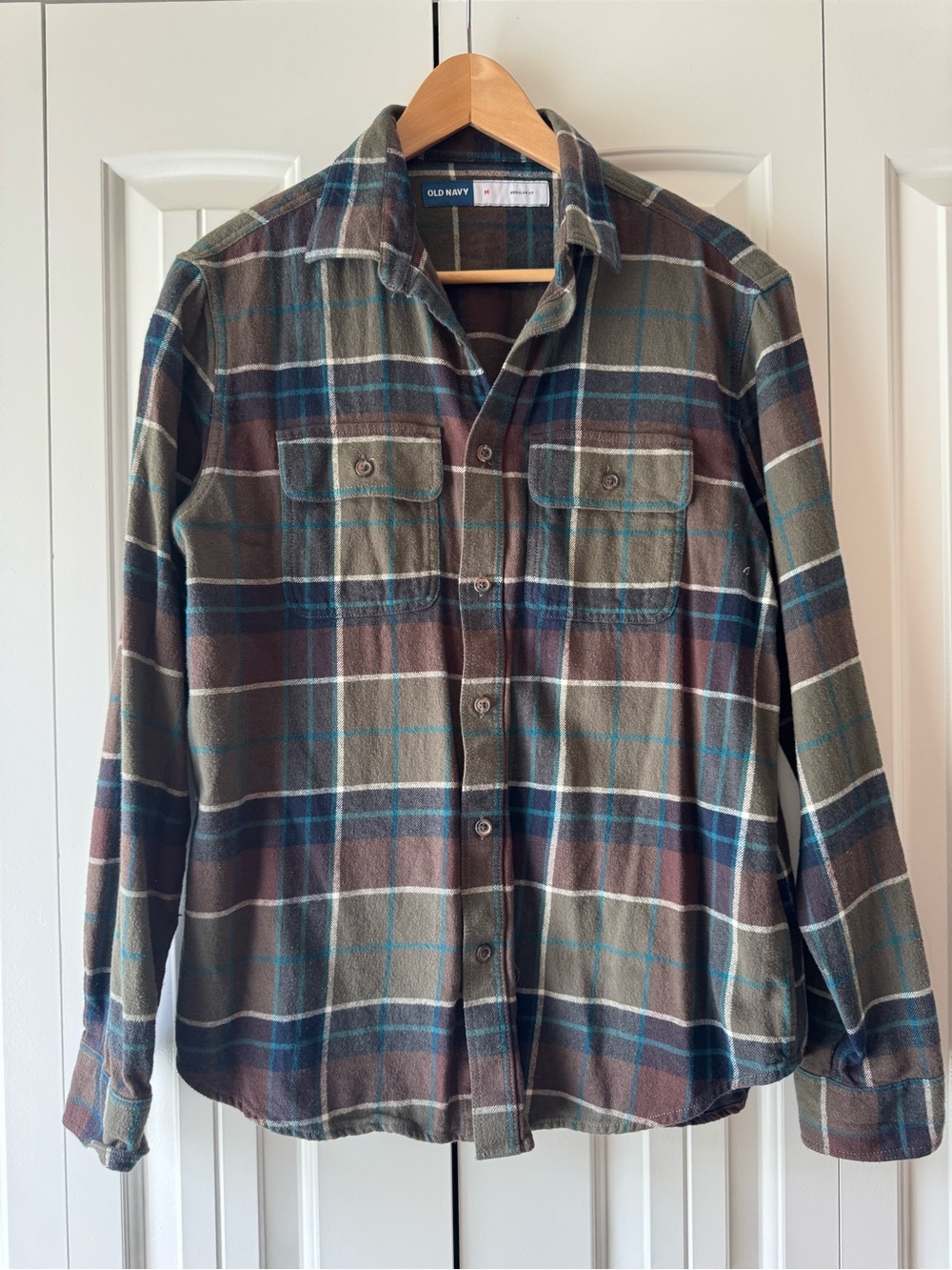 Old Navy Men's Olive, Brown & Blue Plaid Button-Down Shirt